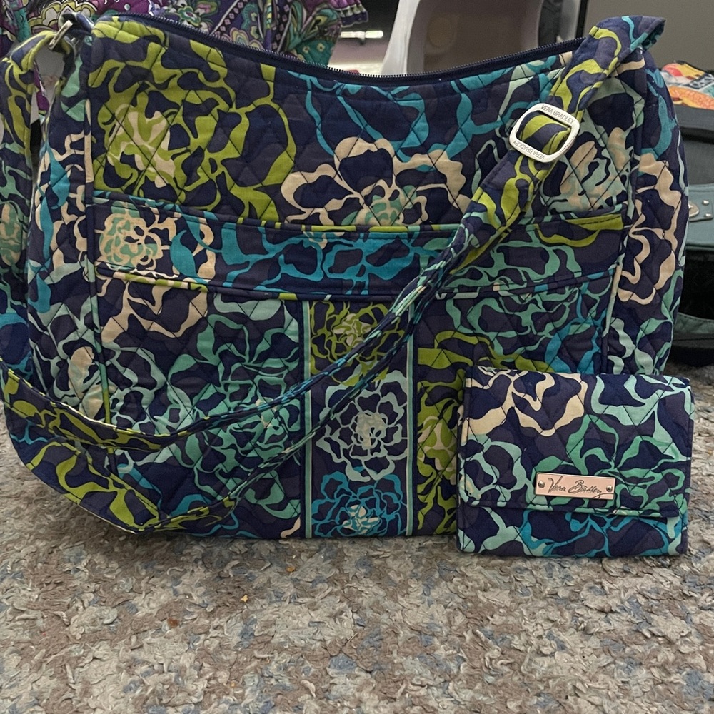 Vera Bradley Navy and Lime Floral Shoulder Bag with matching wallet